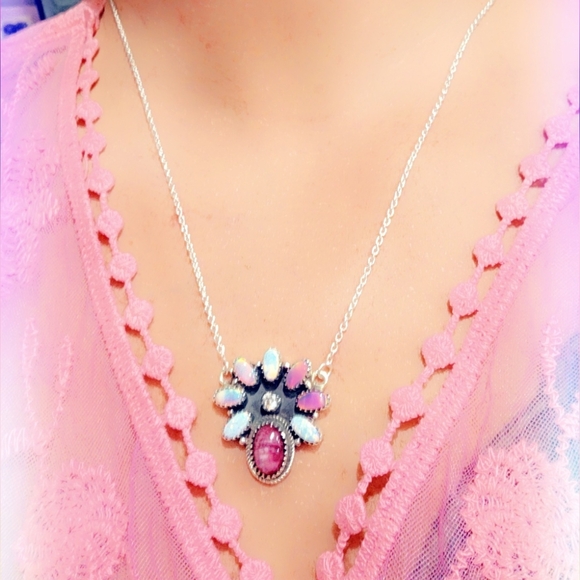 Opal & Purple Spiny & CZ Sterling Gemstone Necklace